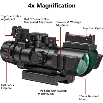 4x32 Tactical Riflescope with Fiber Optic Sight RGB Illuminated Reticle Prism with 20 mm Picatinny Rail