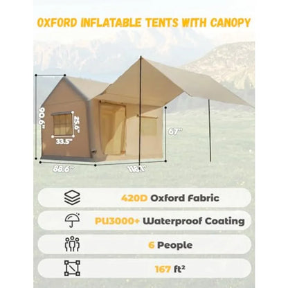 Luxury Glamping Inflatable Tent House for 6-8 Person 118x158 XL Awning 6.3 Extra Thick Air Beams Stronger Than 5 Heavy Duty Wat