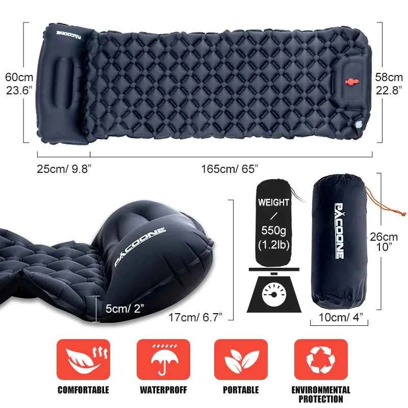 PACOONE Outdoor Sleeping Pad Camping Inflatable Mattress Built-in Pump Ultralight