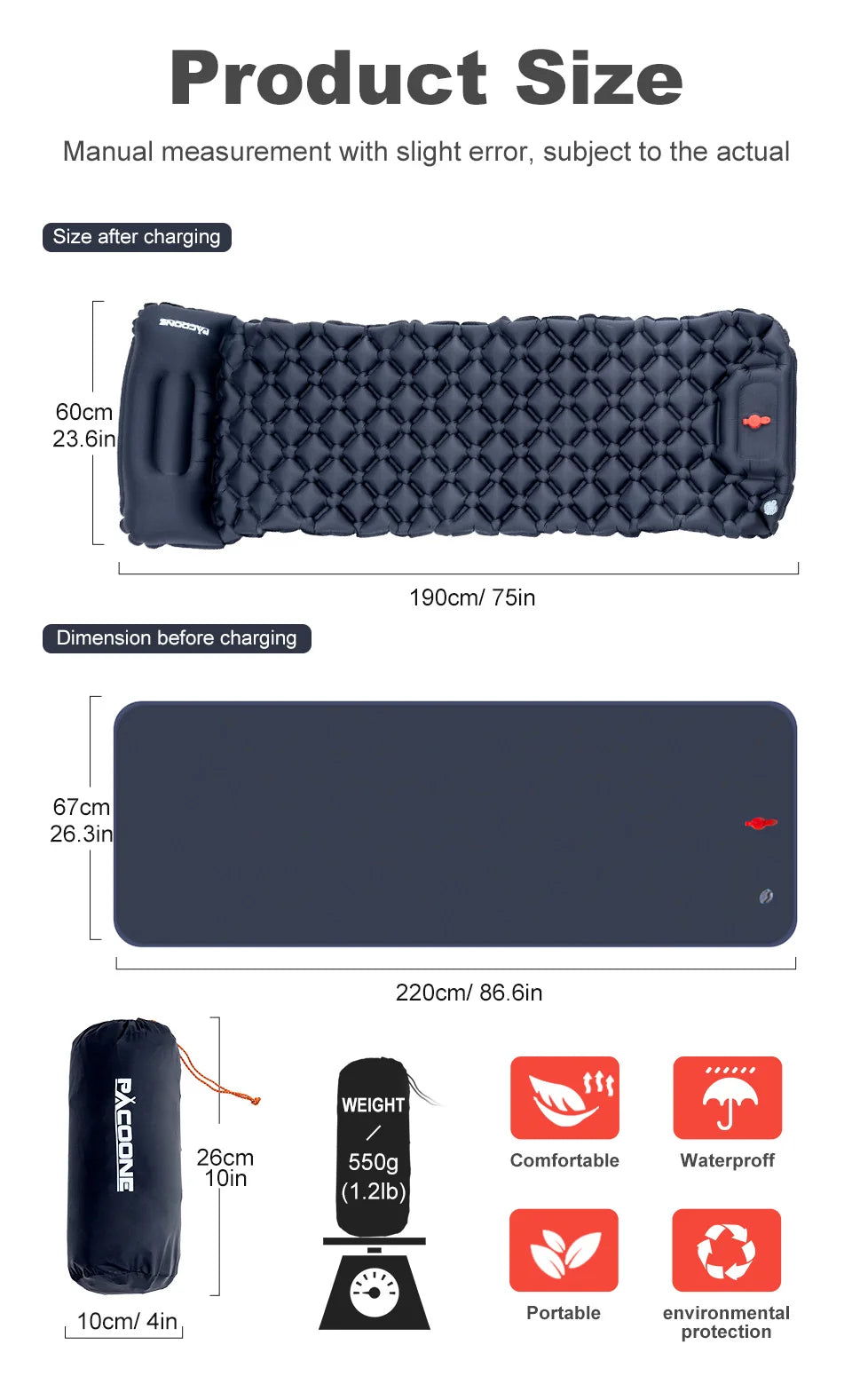 PACOONE Outdoor Sleeping Pad Camping Inflatable Mattress Built-in Pump Ultralight