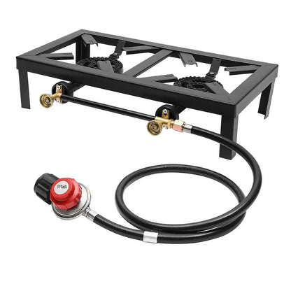 8000W Portable Camping Gas Stove Outdoor 2 Burner BBQ Picnic Camp Propane Cooker Stove with Adjustable 0-10Psi Regulator Hose