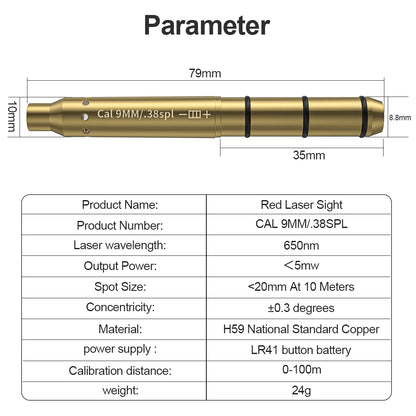 9MM/38SPL Red Laser Boresighter Cartridge Dot Sight