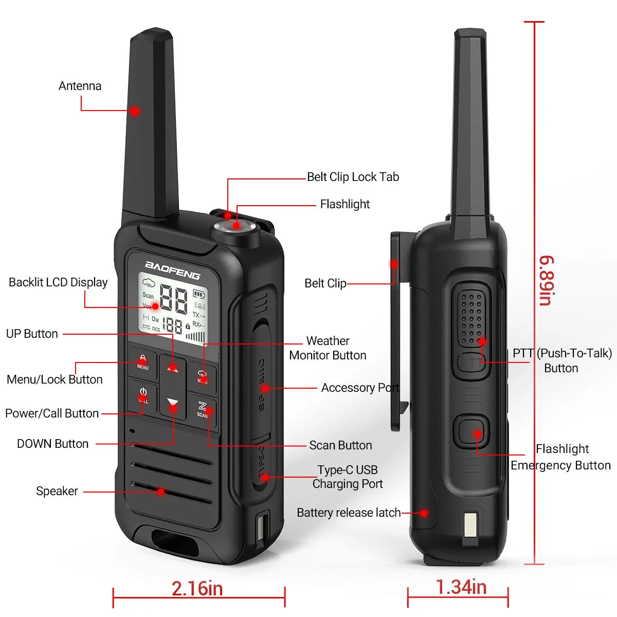 2PCS Baofeng F22 PMR 446MHz Mini Walkie Talkie Waterproof Type-C Licence-free NOAA Flashlight