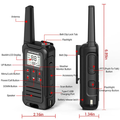 2PCS Baofeng F22 PMR 446MHz Mini Walkie Talkie Waterproof Type-C Licence-free NOAA Flashlight