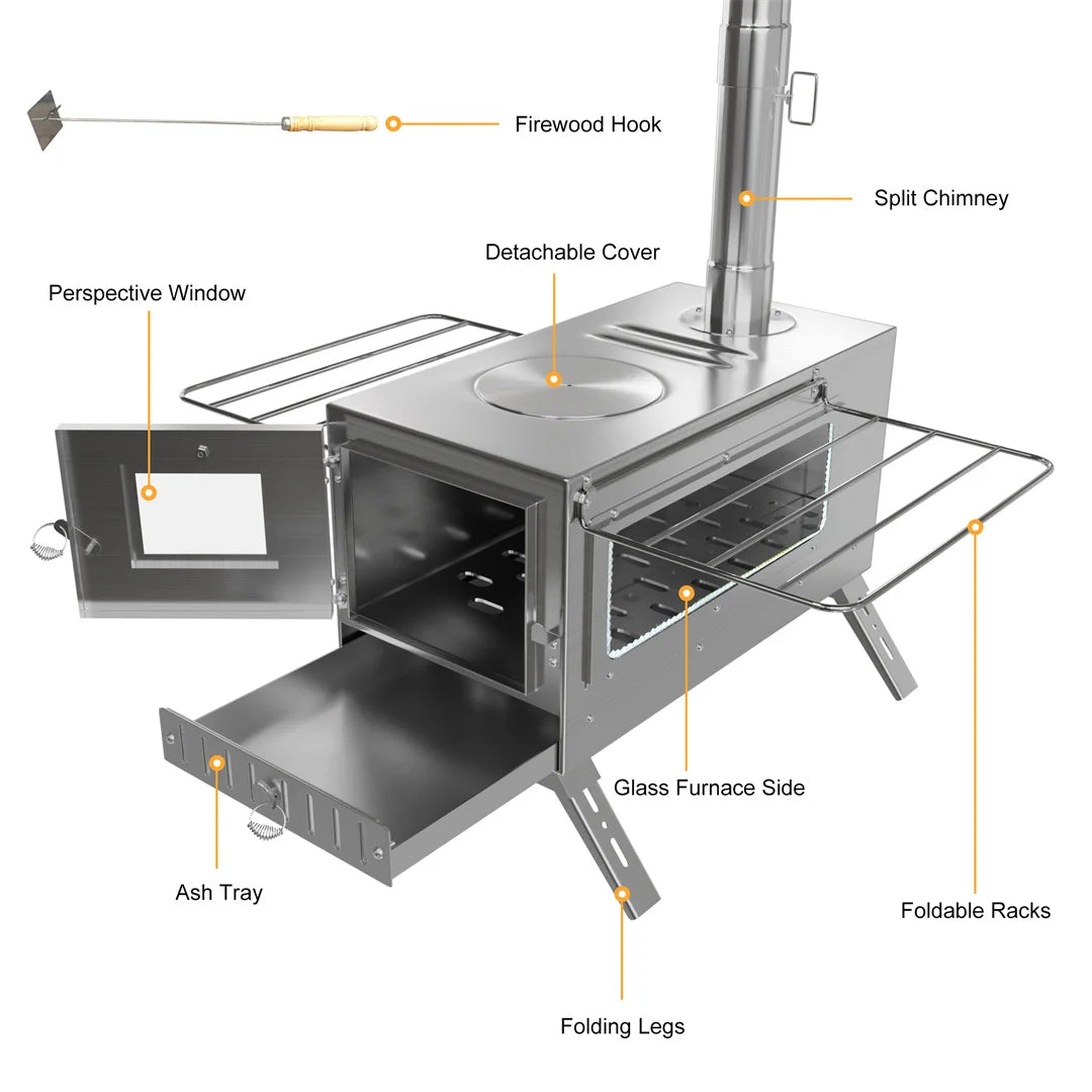 Hot Tent Stove, unho Wood Burning Stove, Portable Wood Stove with 6 Stainless Chimney Pipes for Outdoor Heating & Cooking