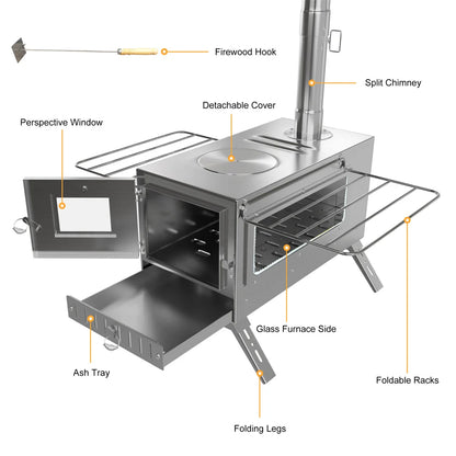 Hot Tent Stove, unho Wood Burning Stove, Portable Wood Stove with 6 Stainless Chimney Pipes for Outdoor Heating & Cooking
