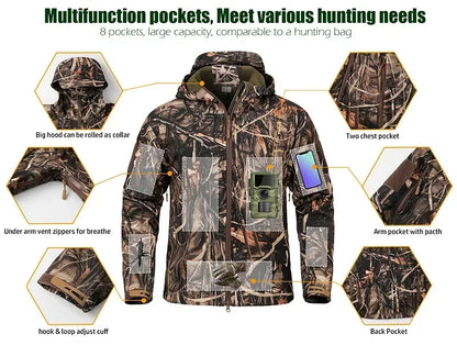 Men's Silent Camouflage Hunting Jacket Soft Shell Outdoor Hiking Fishing Hooded Coat Waterproof Fleece Tactical Jackets