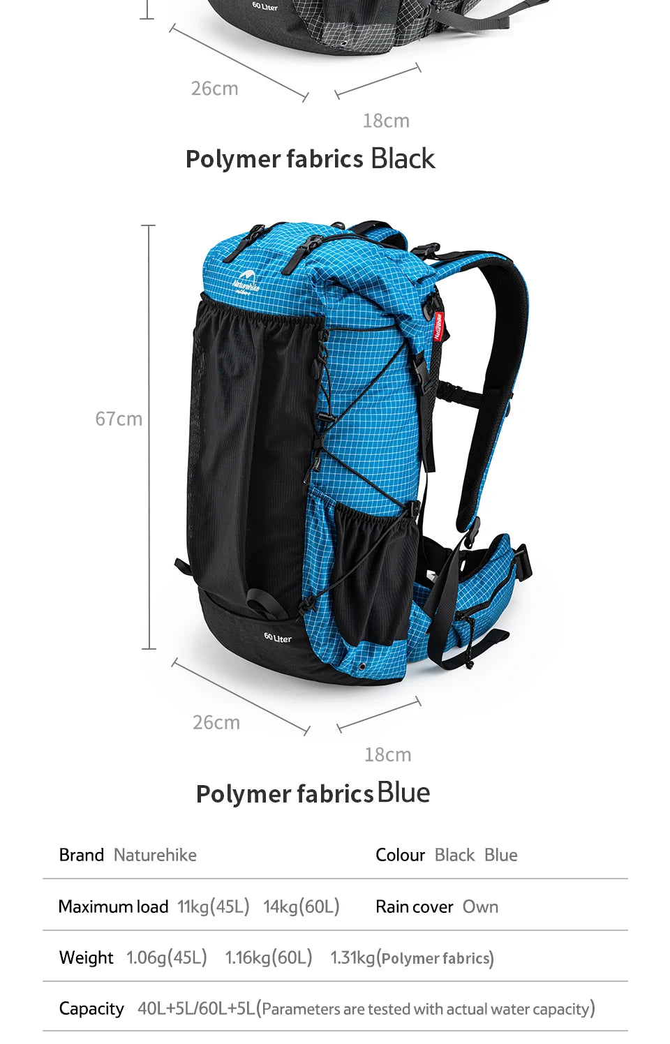 Naturehike Outdoor Mountain Backpack 60+5L Waterproof High Capacity With Rain Cover