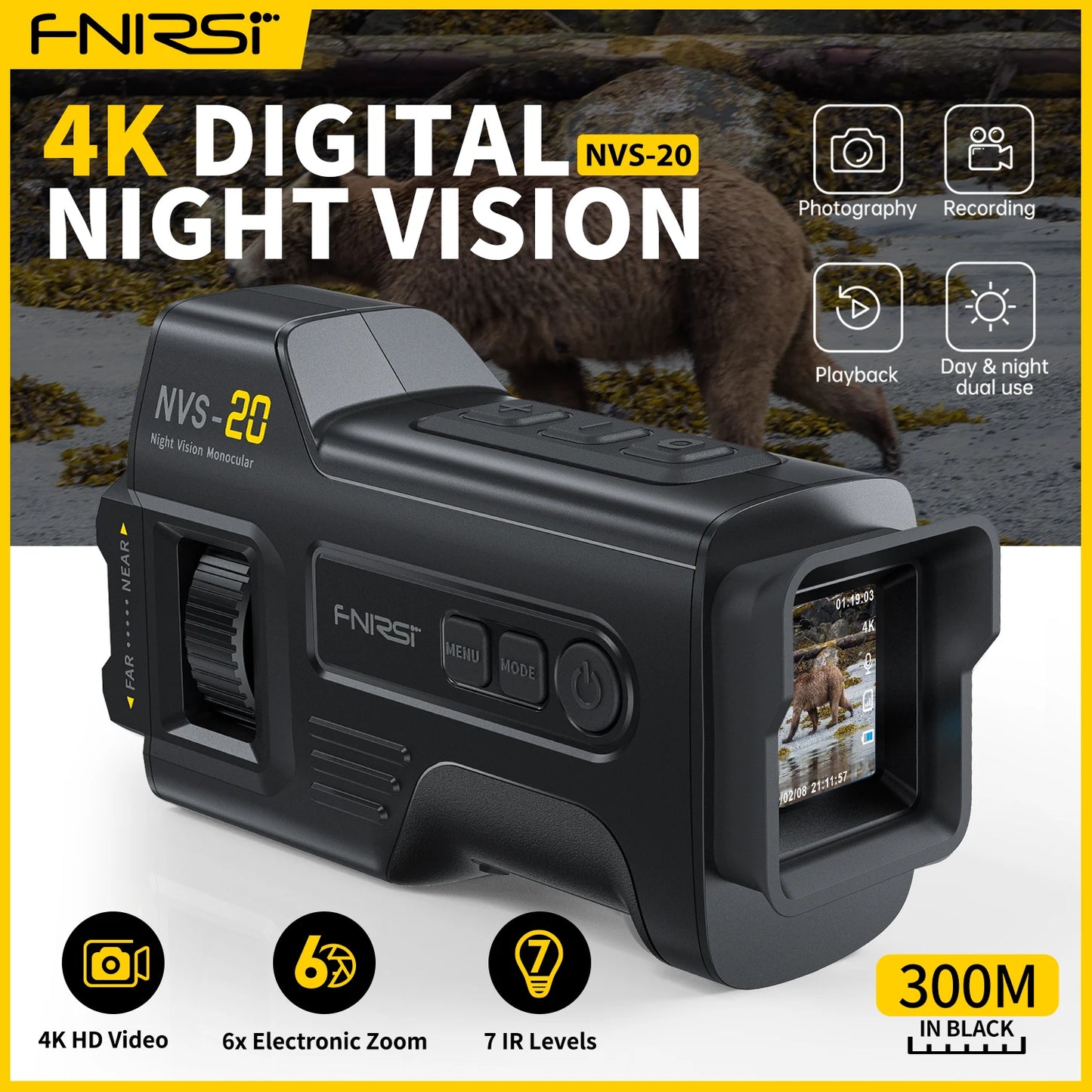 FNIRSI Telescope NVS-20 4K HD Monocular Night Vision Goggles 6X Digital Zoom 300m Hunting Camping Scope Day and Night Dual Use