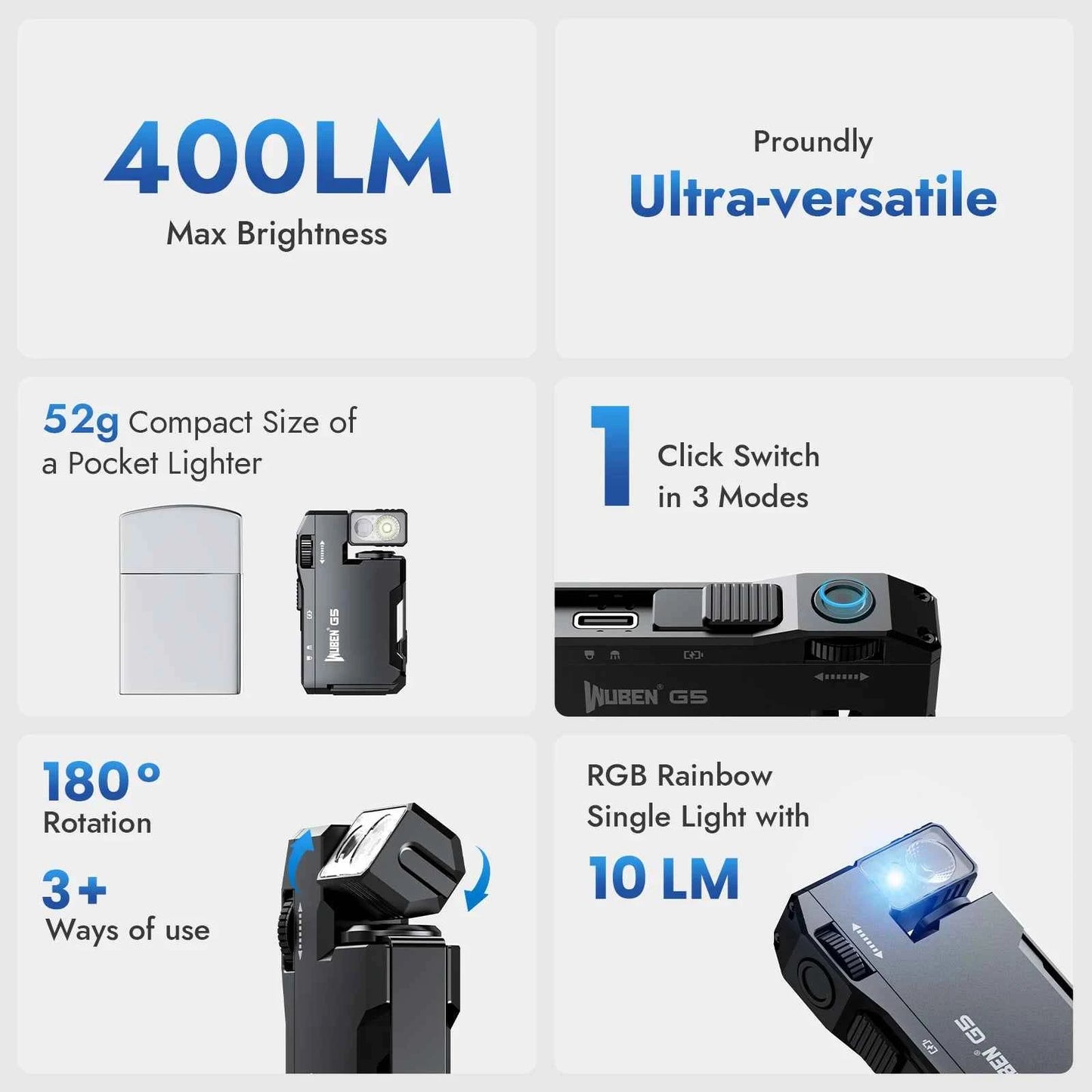 WUBEN G5 Rechargeable EDC Flashlight, 400 Lumens Dual Light Sources Mini Flashlight with RGB Light, Portable Pocket Flashlights