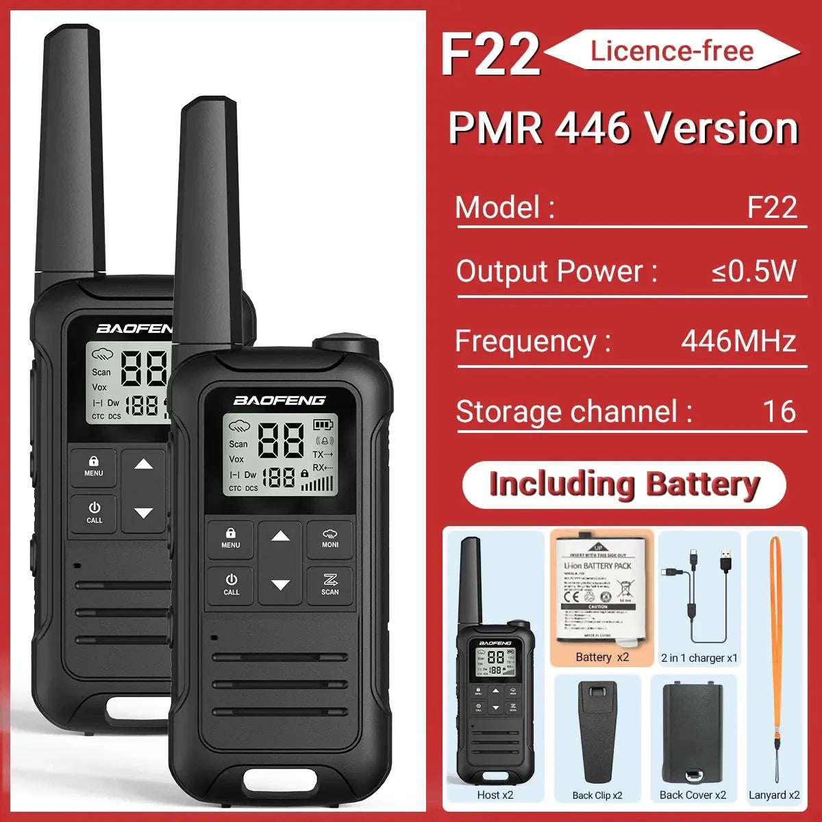 2PCS Baofeng F22 PMR 446MHz Mini Walkie Talkie Waterproof Type-C Licence-free NOAA Flashlight