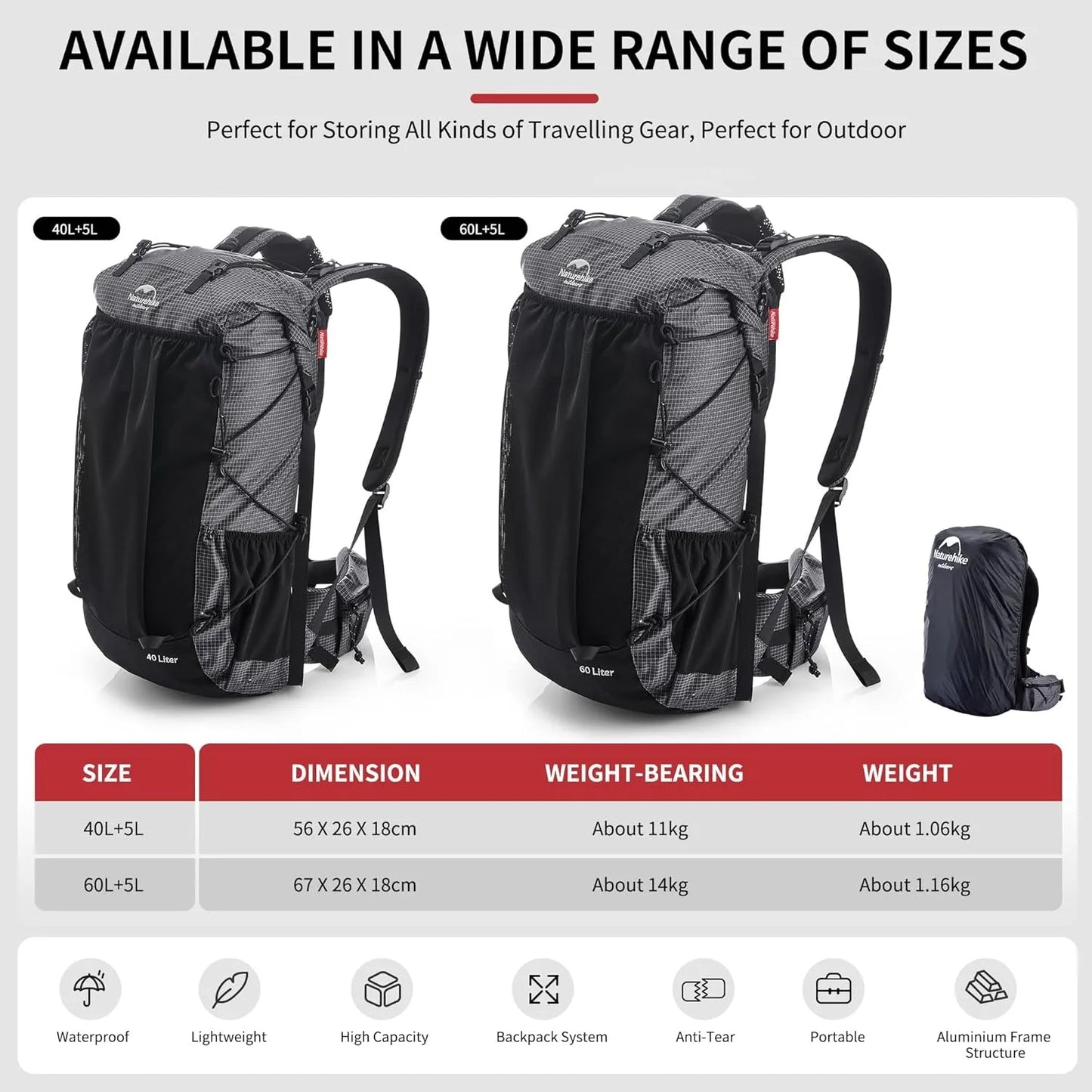 Naturehike Outdoor Mountain Backpack 60+5L Waterproof High Capacity With Rain Cover