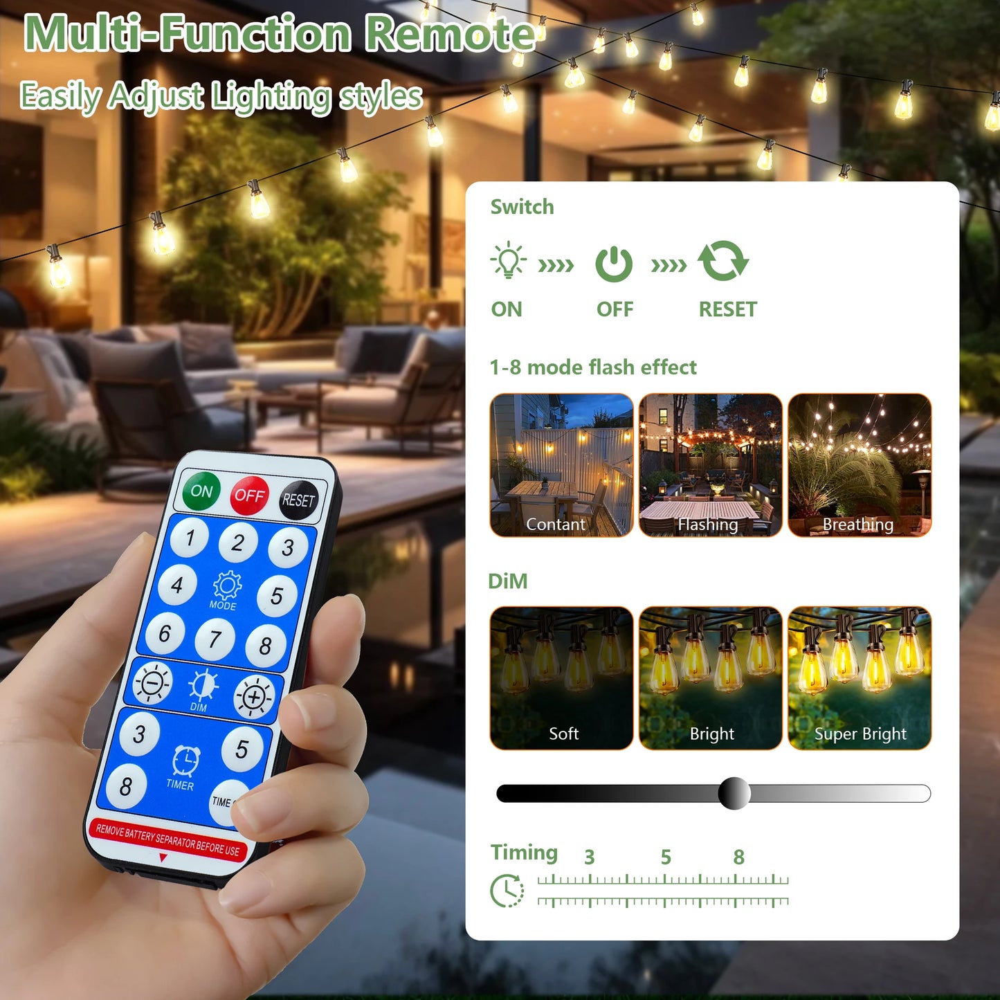 100FT Solar Outdoor String Lights IP65 Waterproof Patio Lights,