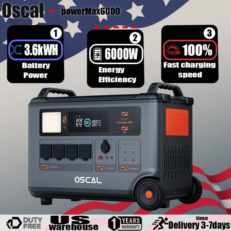Oscal PowerMax 6000 Portable Power Station 4 X AC(Total 6000W)3.6KWH Battery Emergency Mobile Power Bank for Outdoor CampingHome