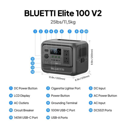 BLUETTI Elite 100 V2 Portable Power Station 1800W 1024Wh Solar Generator Emergency Backup
