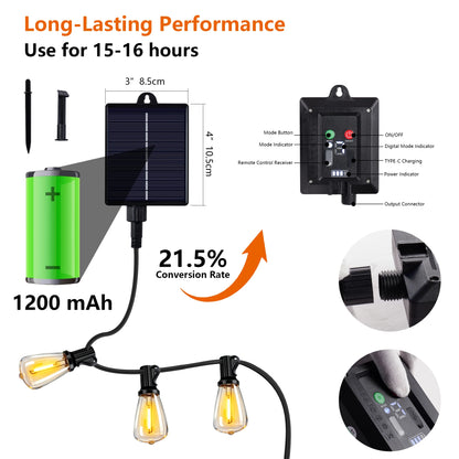 100FT Solar Outdoor String Lights IP65 Waterproof Patio Lights,