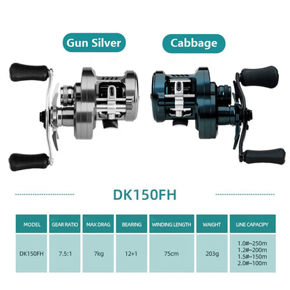 Kawa Fishing Reel Cast Drum Wheel DK100/150/200 Drag 7/15kg Casting Reel12+1BB Weigt 188/203g Metal Body Handle With Rubber Knob