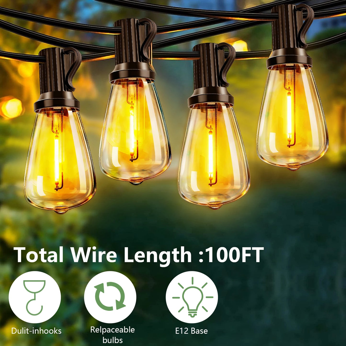 100FT Solar Outdoor String Lights IP65 Waterproof Patio Lights,