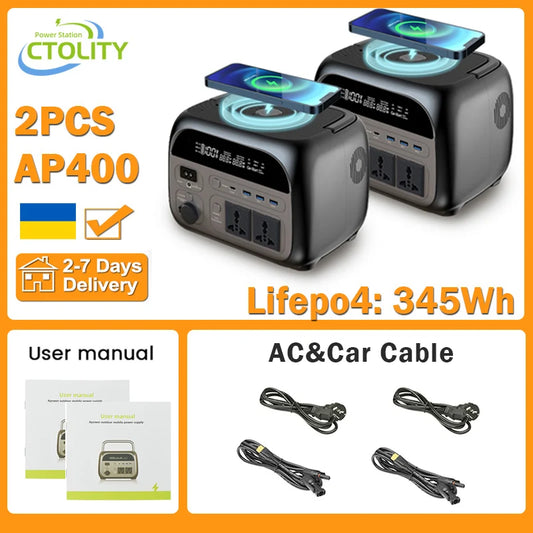 CTOLITY 500W Portable Power Station 345.6Wh Solar Generator LiFePo4 Batteries AC 220V Energy Storage Supply Camping 2PCS AP400