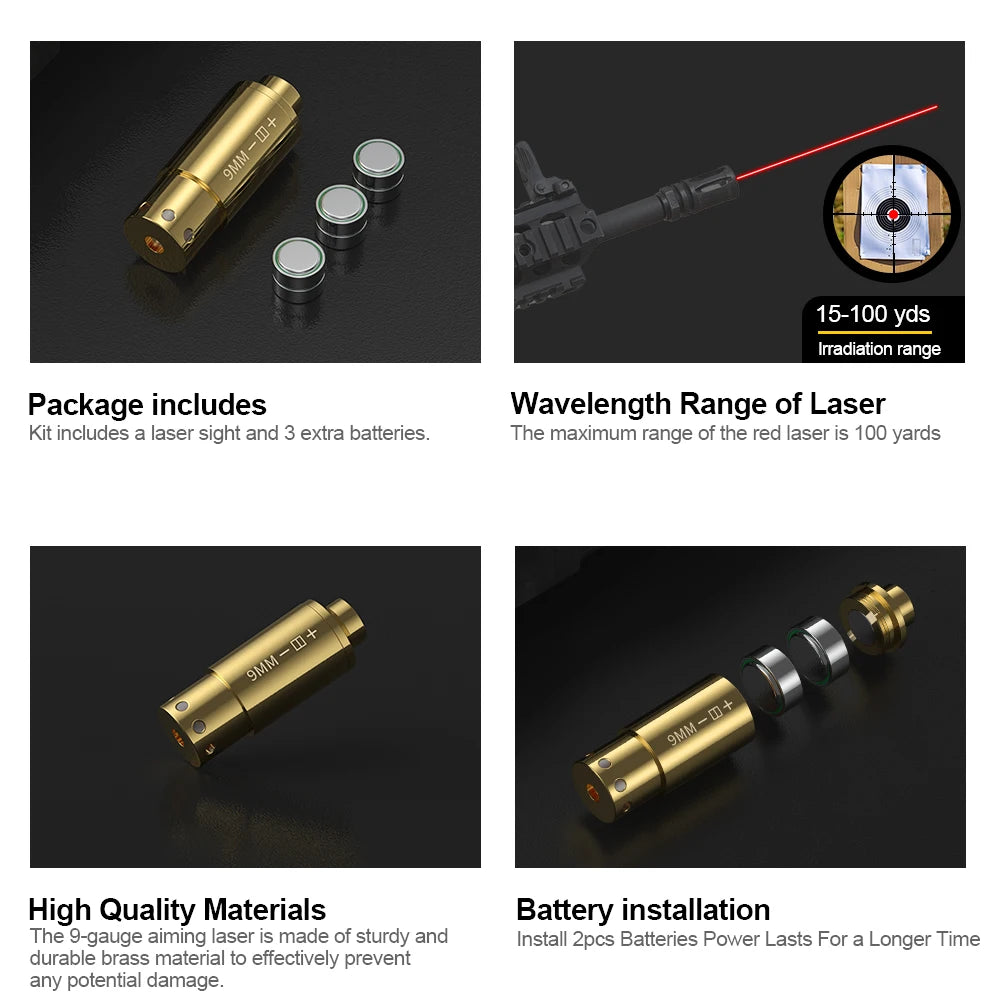 9MM Optics Cartridge Red Dot Laser Bore Brass 9MM Bore Boresighter