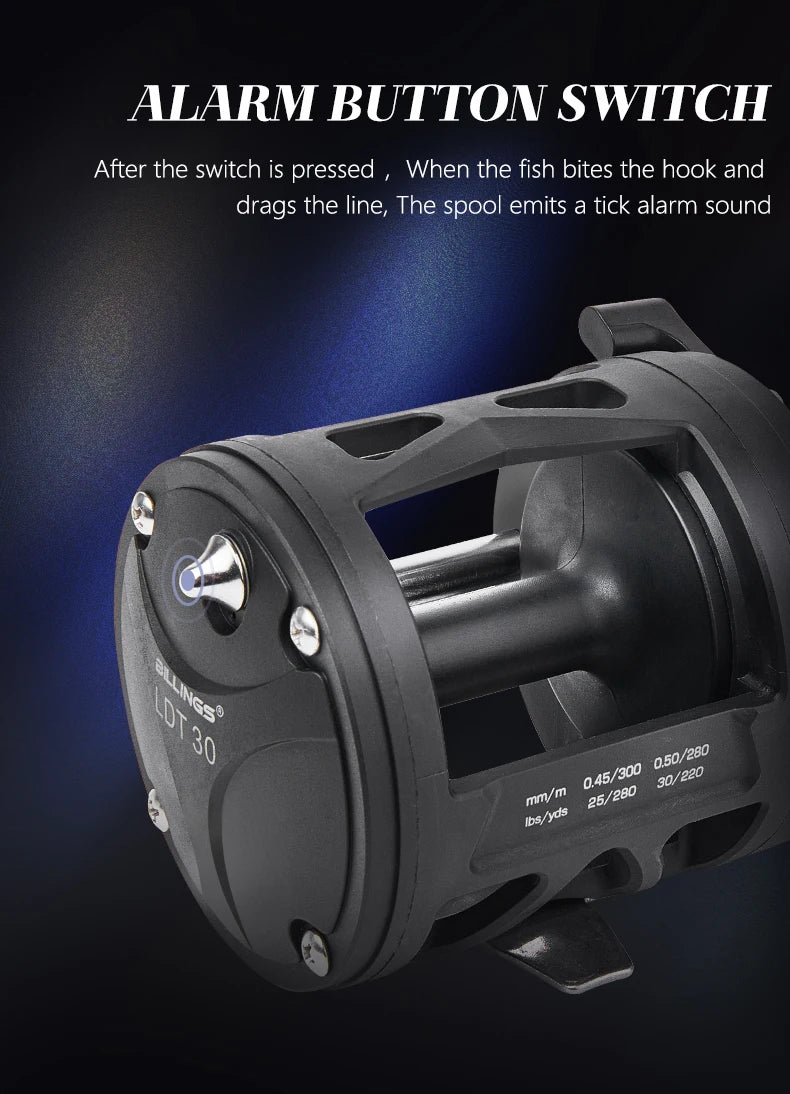 BILLINGS Trolling Drum Fishing Reels 33LB Max Drag 3.8:1 Gear Ratio High Toughness Body
