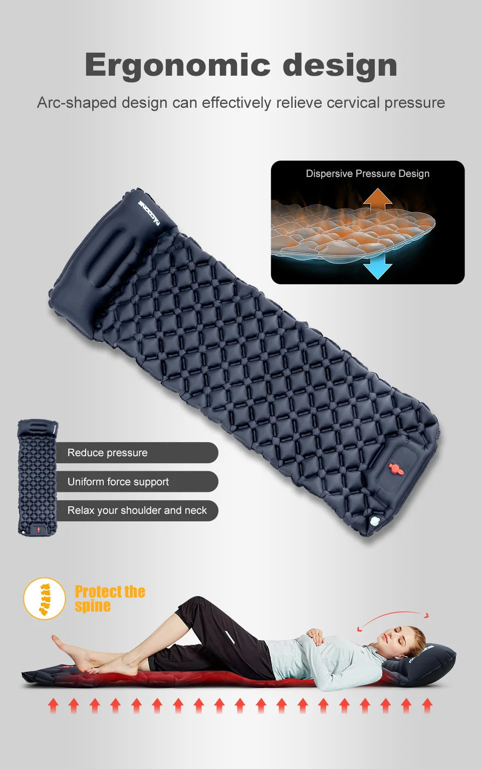 PACOONE Outdoor Sleeping Pad Camping Inflatable Mattress Built-in Pump Ultralight