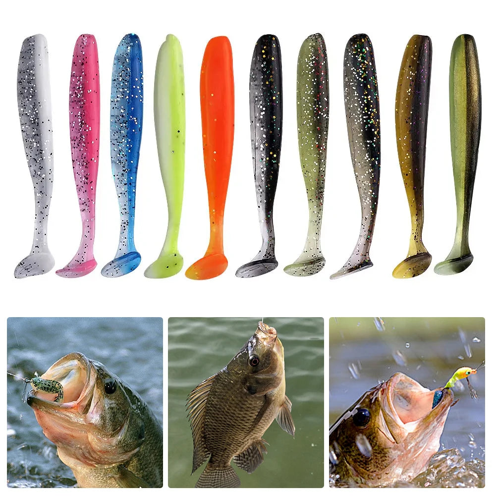 10Pcs 9cm Fishing Lures T Tail Worm Soft Bait Plastic Paddle