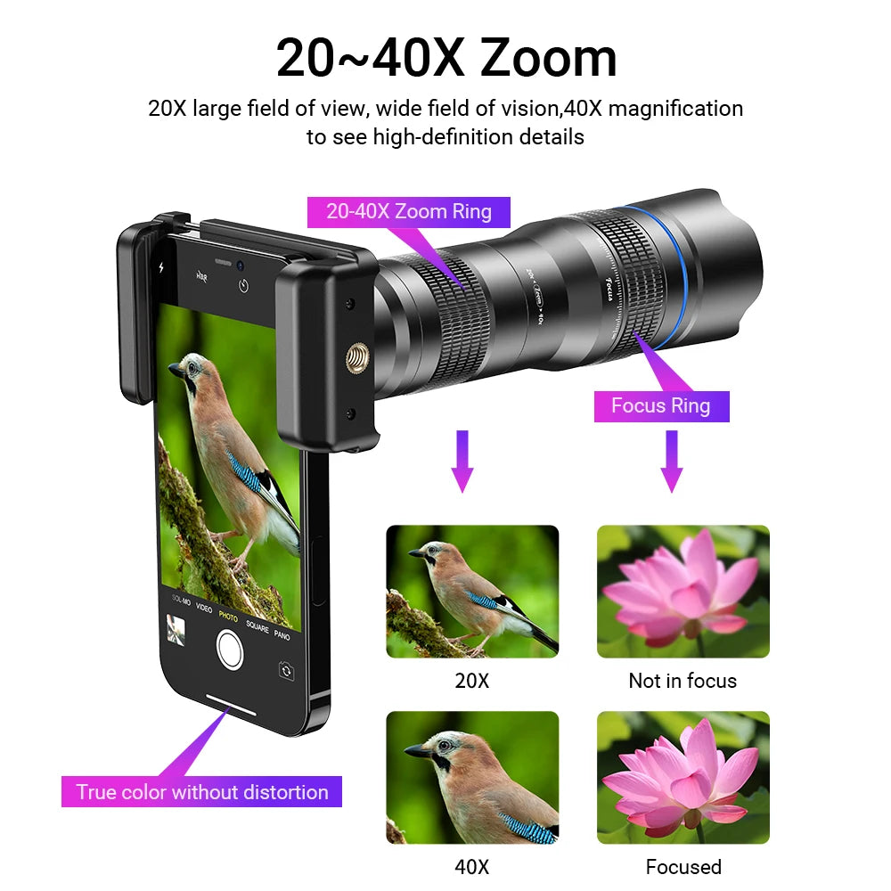 APEXEL HD Metal 20-40x zoom telephoto lens telescope lenses With Metal Extendable tripod for Samsung iPhone all Smartphones