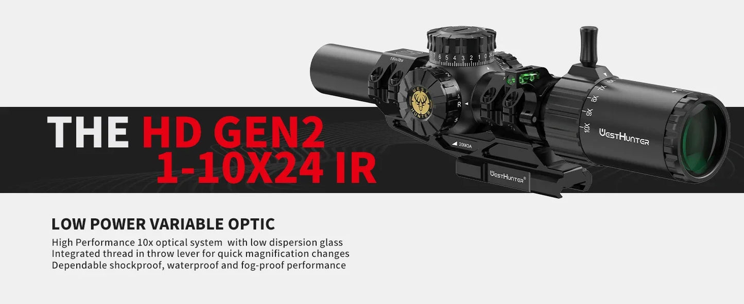 WestHunter HD GEN2 1-10X24 IR Compact Scope LPVO Optical Sights R/G Illumination 1/4MOA Reticle Hunting Riflescope