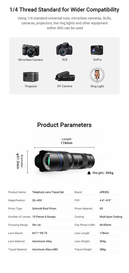 APEXEL HD Metal 20-40x zoom telephoto lens telescope lenses With Metal Extendable tripod for Samsung iPhone all Smartphones
