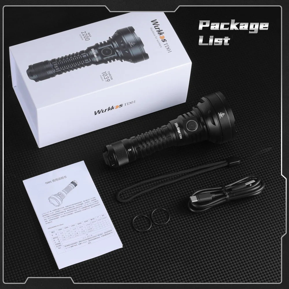 Wurkkos TD01C 21700 Rechargeable Tactical Flashlight LED USB-C 1800Lm Torch Buck Driver Throw 1000M IPX8 Waterproof Tail Switch