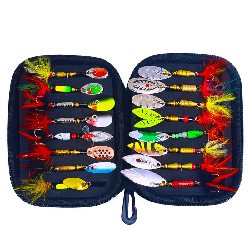 16PCS Fake Bait Spinner Lures Metal Bait Fishing Lure Spinnerbait Bass Trout Salmon Hard Metal Spinner Baits Kit With Tackle