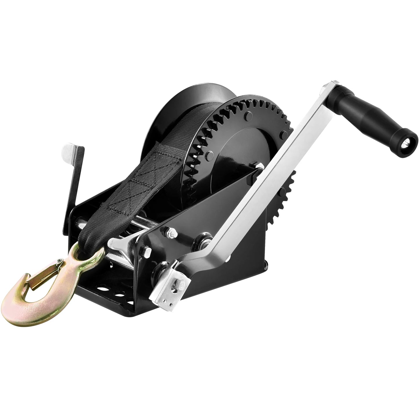 SucceBuy Hand Winch Boat Trailer Winch Heavy Duty Rope Crank Polyester Strap & Two-Way Ratchet Manual Operated Hand Crank Winch