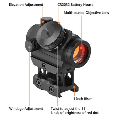 2MOA Red Dot Sight 1x25mm Reflex Sight Waterproof & Shockproof & Fog-Proof with 1 inch Riser Mount