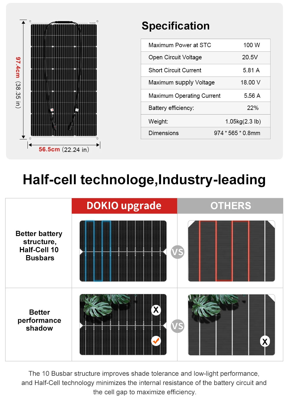 Dokio 18V 100W Flexible Monocrystalline Silicon Solar Panel Rechargeable 12V Battery Waterproof Solar Panel