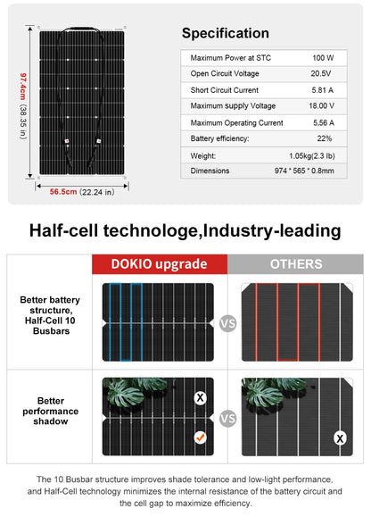 Dokio 18V 100W Flexible Monocrystalline Silicon Solar Panel Rechargeable 12V Battery Waterproof Solar Panel