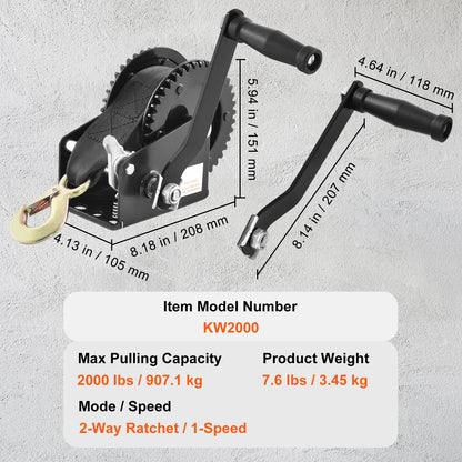 SucceBuy Hand Winch Boat Trailer Winch Heavy Duty Rope Crank Polyester Strap & Two-Way Ratchet Manual Operated Hand Crank Winch
