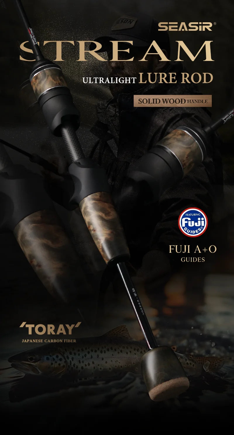 Seasir Stream Spining Baitcasting Fihsing Rods Ultralight Carbon Solid Wood Handle  Fuji A+O 40T Carbon Cloth  Lure Weight 1-10g