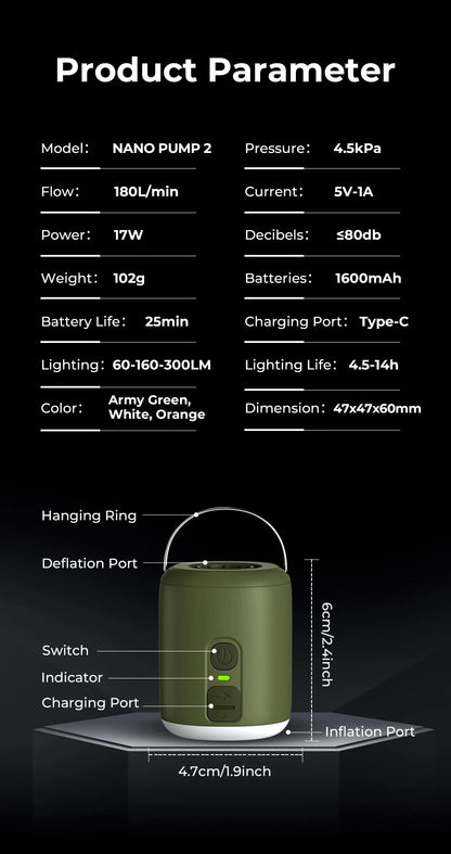 WESTTUNE Tiny Air Pump with Camping Lantern 4.5kPa Air Pump with Magnetic Design for Inflatable Air Mattress Sleeping Pads