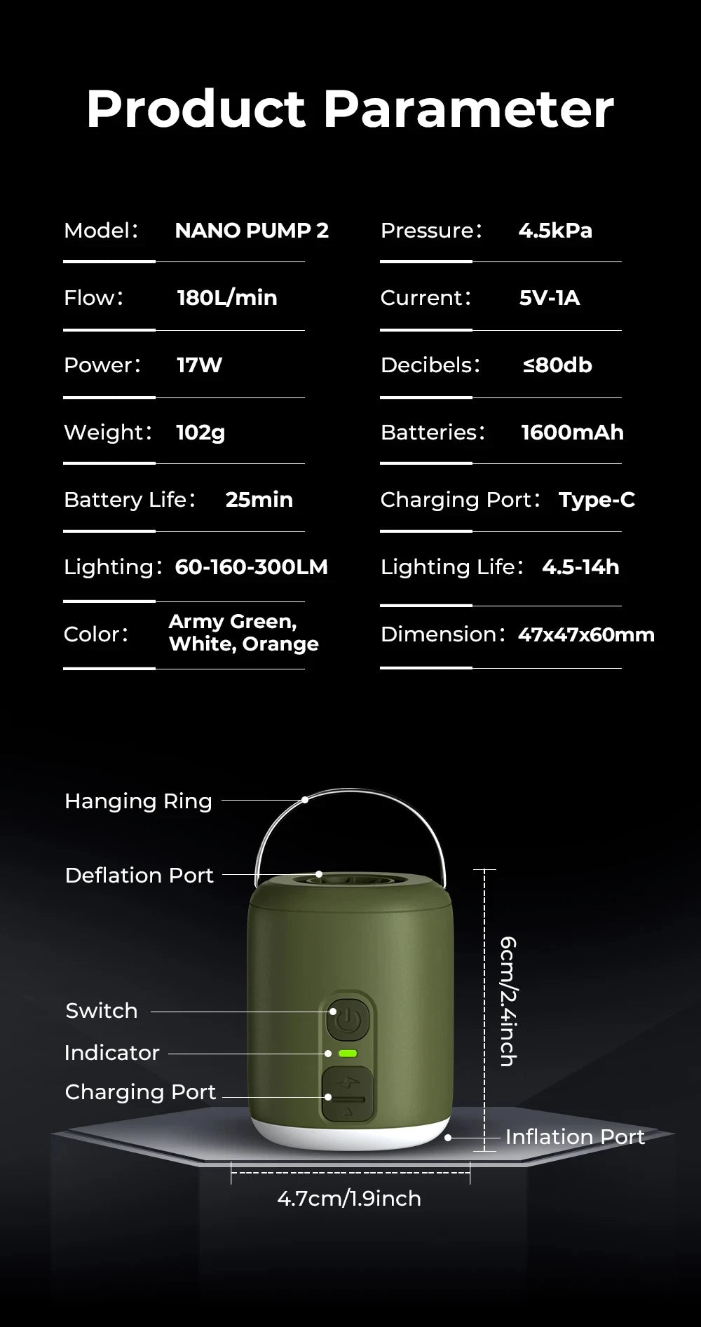 WESTTUNE Tiny Air Pump  4.5kPa  with Magnetic Design for Inflatable Air Mattress Sleeping Pads