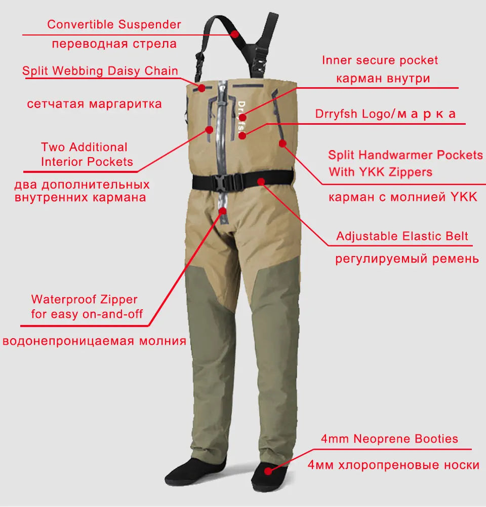 Breathable Convertible Chest Waist Fly Fishing Waders with Zipper Drake Anglers Wading Pants Lightweight stockingfoot for Men