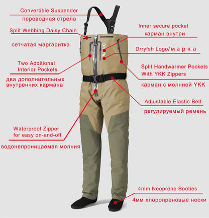 Breathable Convertible Chest Waist Fly Fishing Waders with Zipper Drake Anglers Wading Pants Lightweight stockingfoot for Men