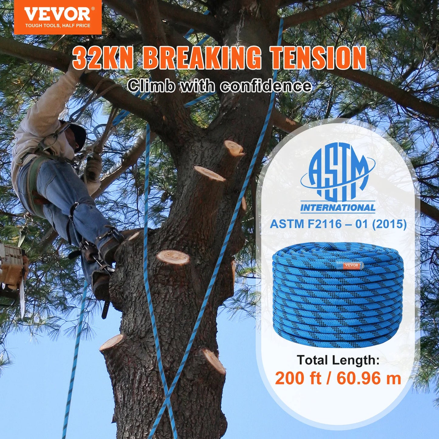 VEVOR 12.7mm Static Climbing Rope 125/150/200ft Outdoor Rock Climbing Rope 30KN Breaking