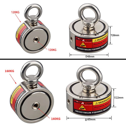 160KG*2 Strong Neodymium Magnet Double Side Super Power  Fishing Magnet with Searching Rope