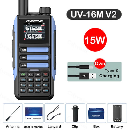 Upgrade Baofeng UV16M V2 Walkie Talkie 15W High Capacity AM FM 2-Way Radio Full Band LCD 999CH Frequency Copy NOAA Noise Reduce