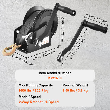SucceBuy Hand Winch Boat Trailer Winch Heavy Duty Rope Crank Polyester Strap & Two-Way Ratchet Manual Operated Hand Crank Winch