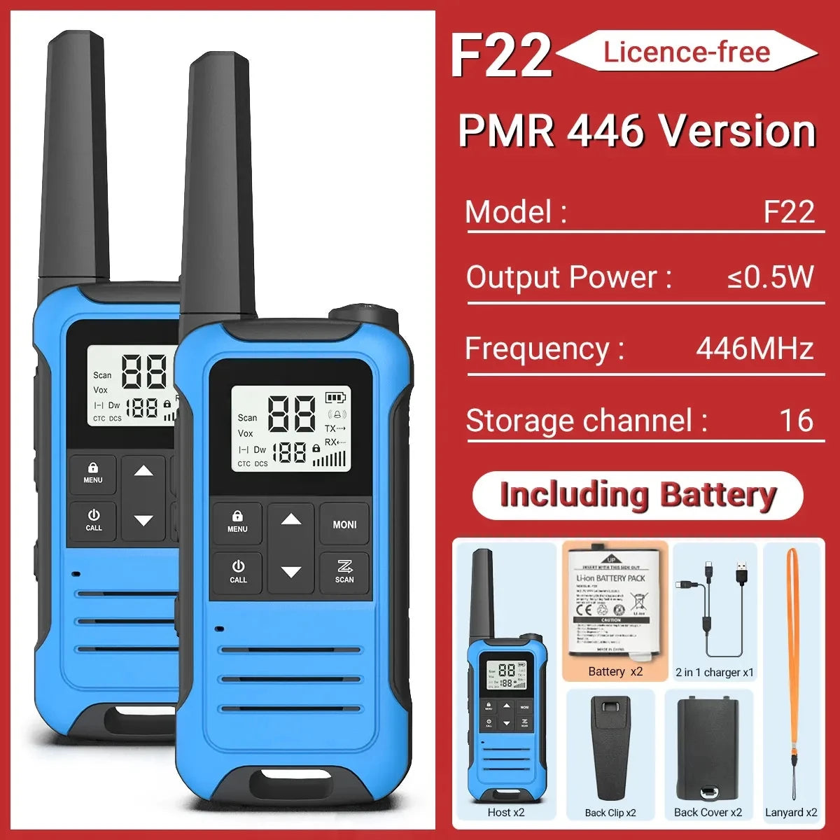 2PCS Baofeng F22 PMR 446MHz Mini Walkie Talkie Waterproof Type-C Licence-free NOAA Flashlight