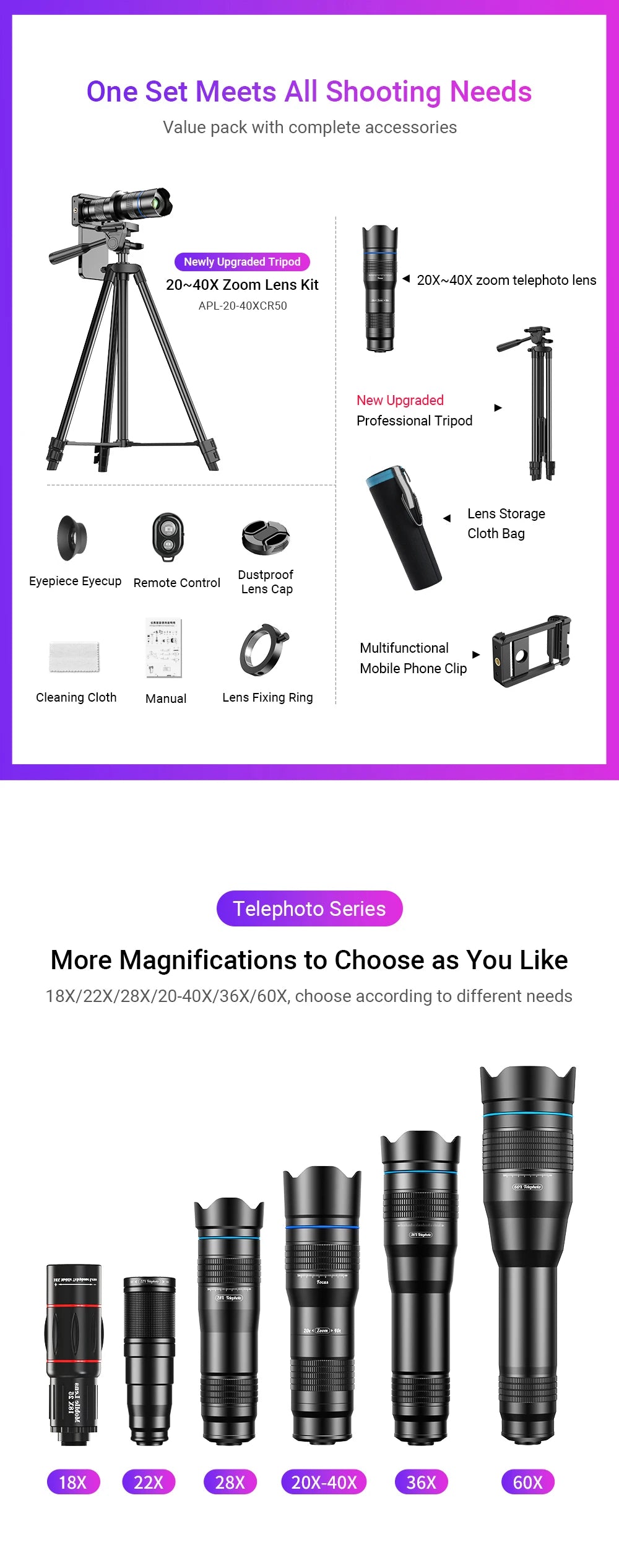 APEXEL HD Metal 20-40x zoom telephoto lens telescope lenses With Metal Extendable tripod for Samsung iPhone all Smartphones