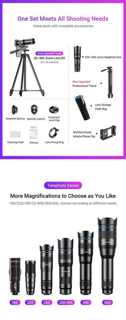 APEXEL HD Metal 20-40x zoom telephoto lens telescope lenses With Metal Extendable tripod for Samsung iPhone all Smartphones