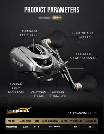 Seasir Megacuda Baitcasting Reel Drag 15KG Deep Spool 6.5:1 Aluminum Frame Carbon Side Double Handle